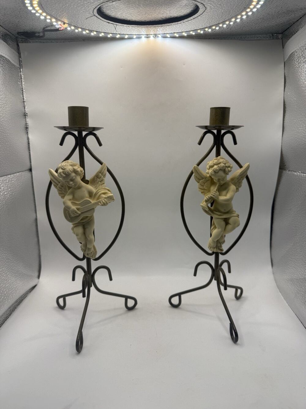 Pair of Vintage Cherub Baby Angels Ceramic and Metal Candle Holders *